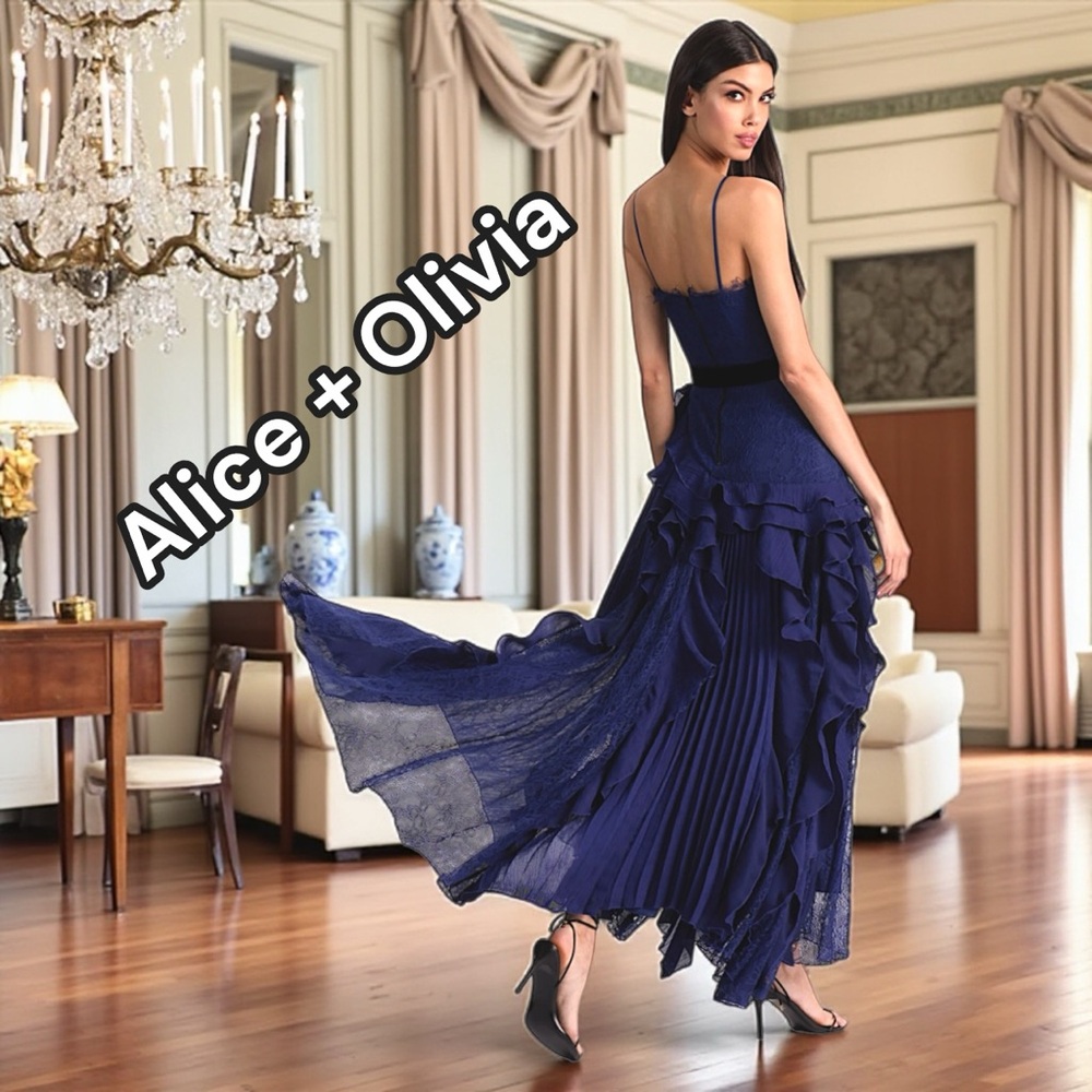 Alice + Olivia Milla Lace Maxi Dress - Blue Lace and Black Velvet Evening Dress - Picture 4 of 10